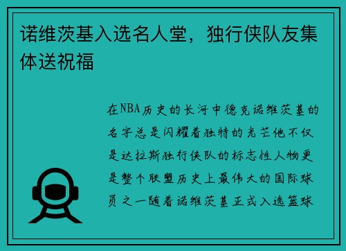 诺维茨基入选名人堂，独行侠队友集体送祝福
