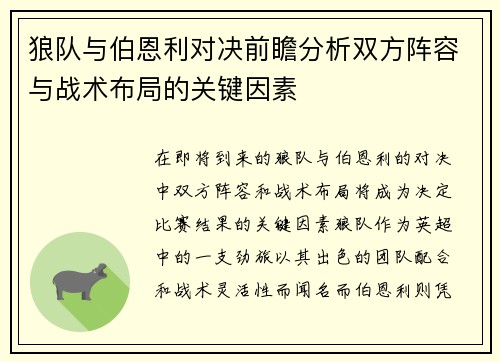 狼队与伯恩利对决前瞻分析双方阵容与战术布局的关键因素